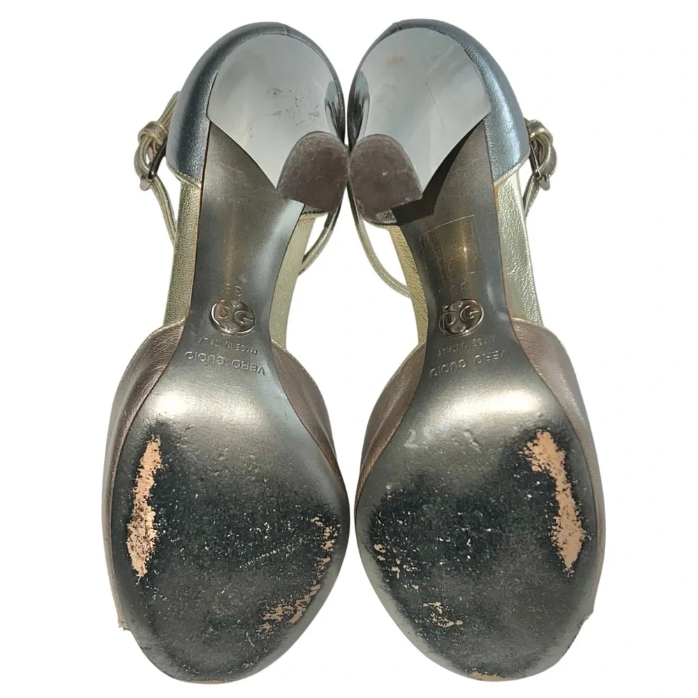 VTG Dolce & Gabbana D&G Leather Metallic T-Strap Peep Toe Mirror Block Heels - Picture 10 of 13